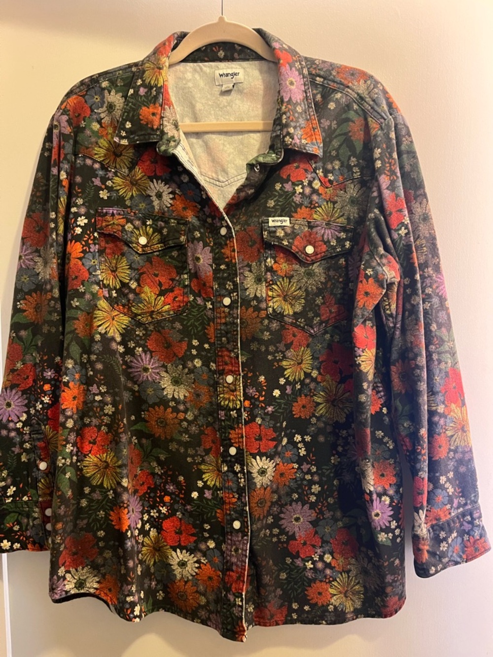 Wrangler Floral Snap Shirt Jacket in Black with Cream, Orange and Purple Accents